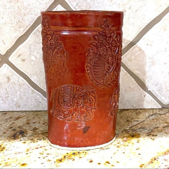 Signed boho elephant Ceramic Vase - Picture 2 of 9